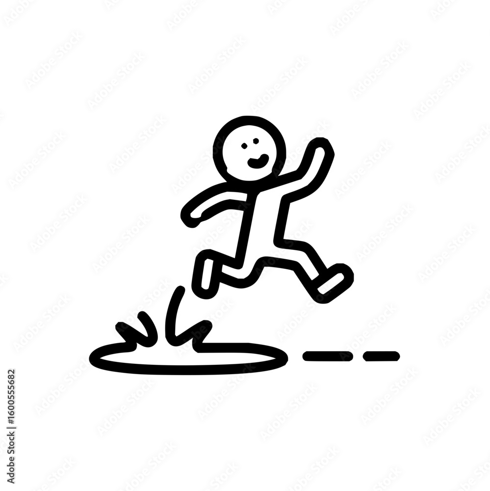 Poster stick figure joyfully leaping over a puddle with splashing water and dashed line on white background