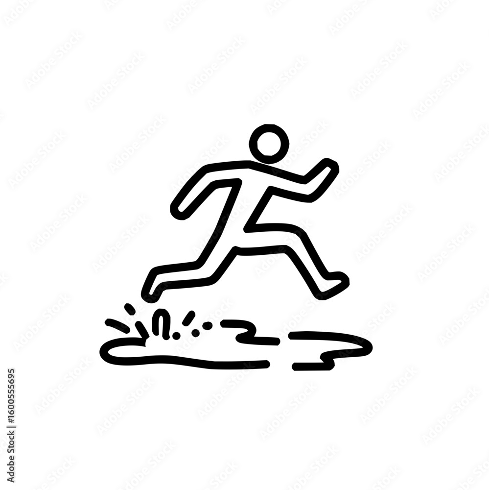 Poster outline illustration of a person jumping over a puddle with splashing water in a minimalist style ar