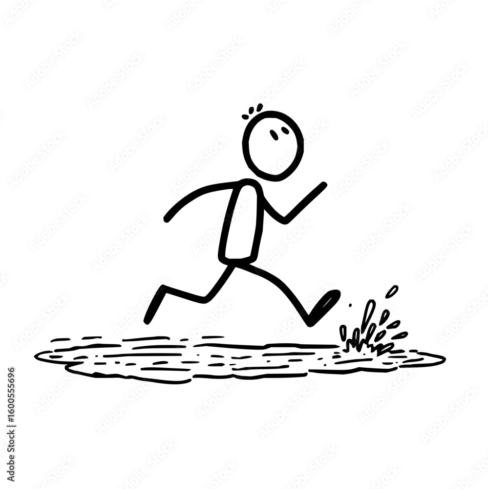 Poster a stick figure running through a puddle of water with splashes in a simple black and white drawing