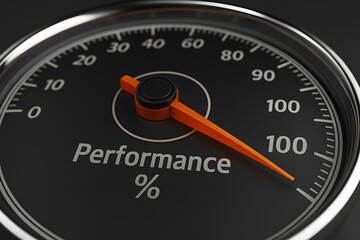 Performance Gauge Showing 100 Percent Full Level for Efficiency, Metrics and Business Success Concepts