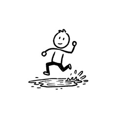 Fototapeta premium Stick figure running and splashing through a puddle of water with a happy expression on a white background