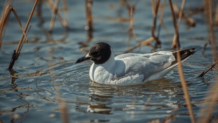 Selective focus on a Black-headed gull floating in a marsh habitat