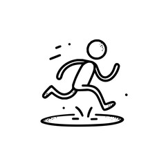 Stick figure running over a dark hole with speed lines and a simple black and white design style