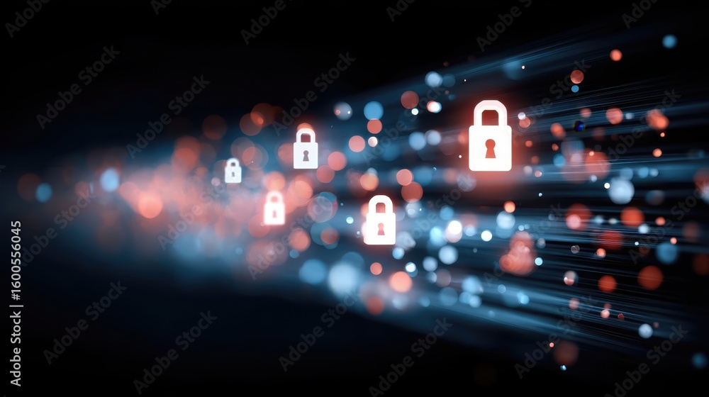 Poster cybersecurity concept with glowing digital padlock icon representing data protection and internet pr