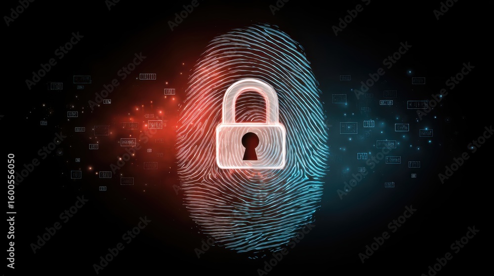 Poster cyber security concept with digital fingerprint and padlock. biometric authentication for data prote