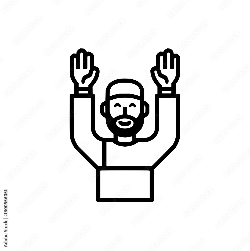 Poster man with beard and cap raising hands in outlined style on a white background vector illustration