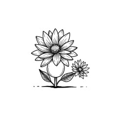 Black and white illustration of flowers with leaves, isolated on white background    