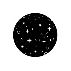 Starry night sky with white stars and planets isolated on white background  