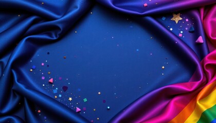 a luxury lgbt pride background with satin fabric textures and pride accents, in midnight blue with rainbow shimmer, used in vip sponsorship decks.