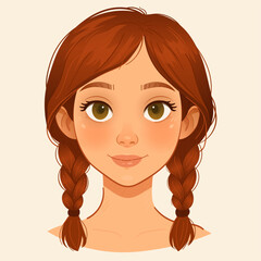 Cute vector cartoon white girl with braided brown hair smiling, front view friendly young female character with natural makeup big eyes and soft lighting flat vector avatar on beige background 