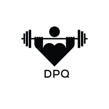 Minimalist DPQ Logo with Dumbbell and Strong Arm Silhouette - Fitness Icon Design. DPQ Letter Logo.
