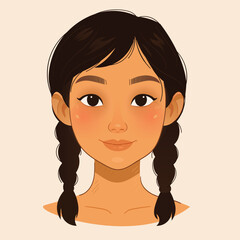 Cute vector cartoon asian girl with braided black hair smiling, front view friendly young female character with natural makeup big eyes and soft lighting flat vector avatar on beige background 
