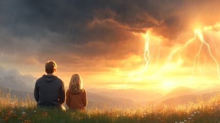 Couple Watching Dramatic Storm and Lightning Under Dark Sky