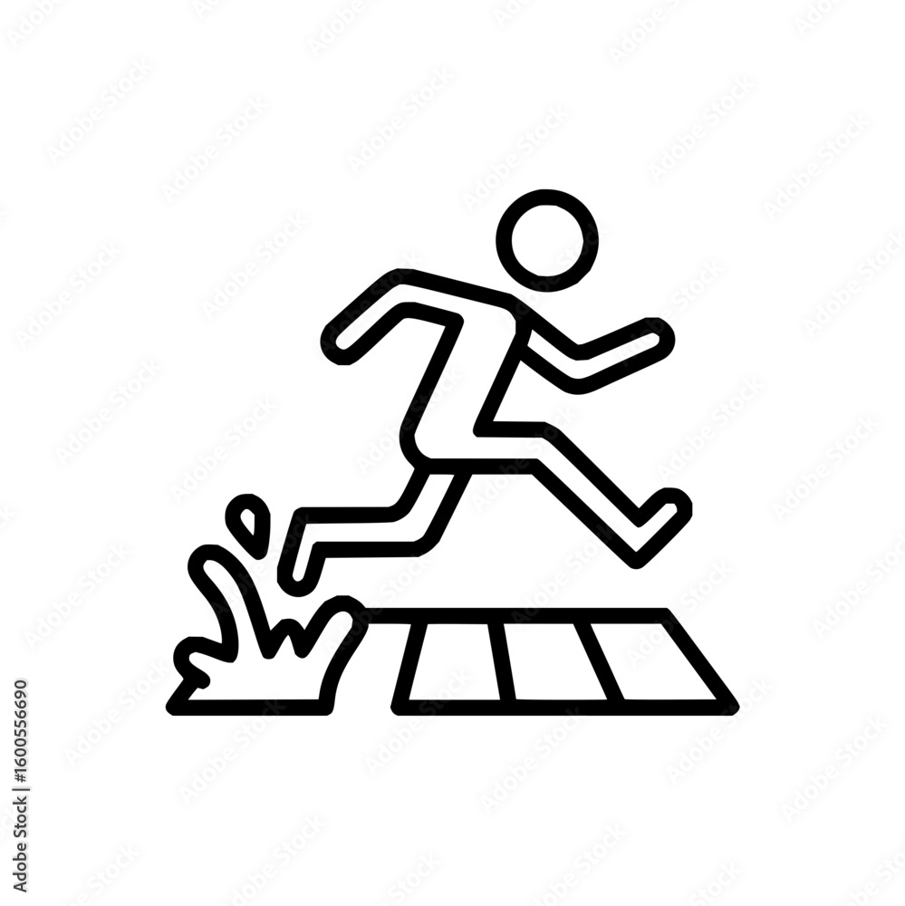 Poster a simple line drawing of a person running through puddles in the rain with a happy expression on the