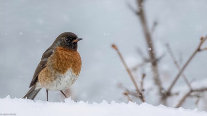 Rare Cold Snowfall Captured with a Side View of a Robin