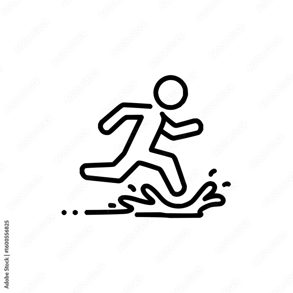 Poster a person running through a puddle with splashes and a determined expression in a simple black outlin