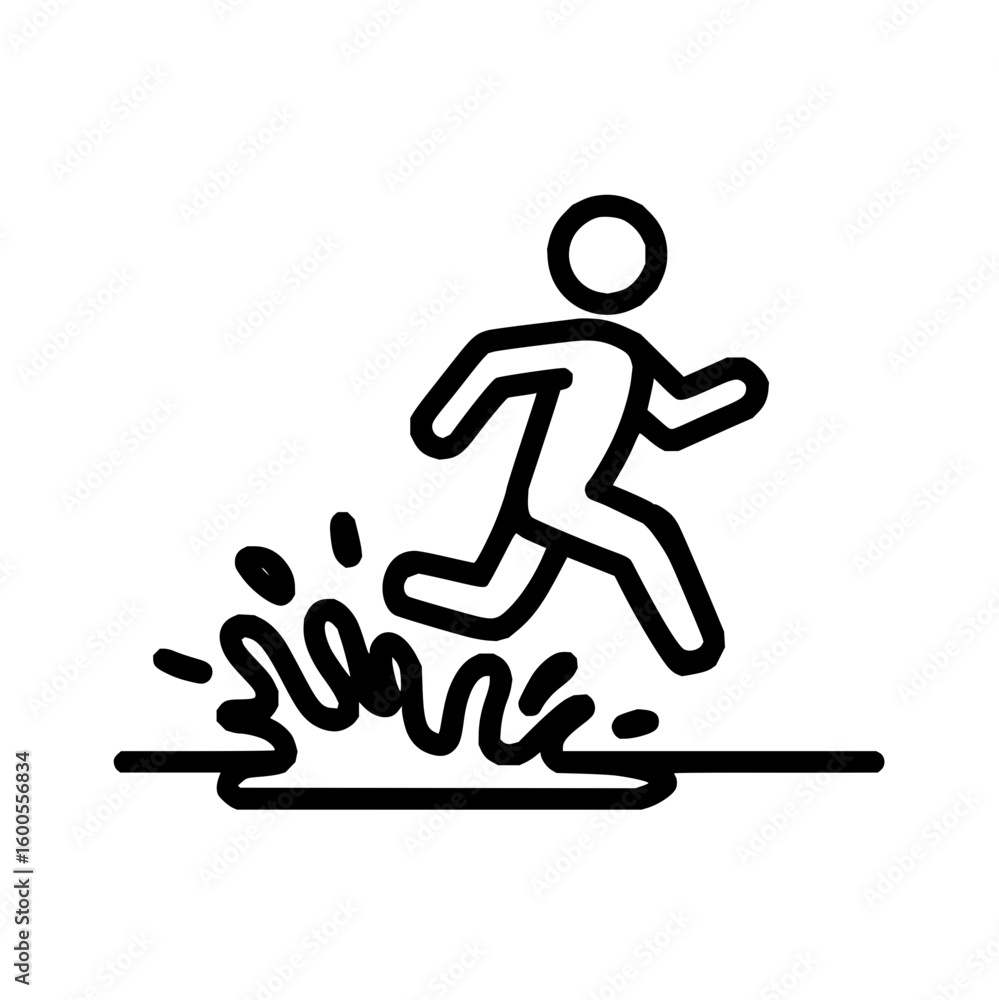 Poster a stylized stick figure running through water with splashing details in a minimalist black line draw