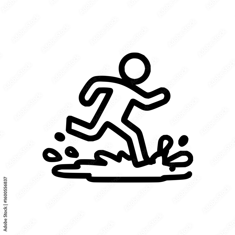 Poster a simple line drawing of a person running or jogging over a surface with small lines indicating moti