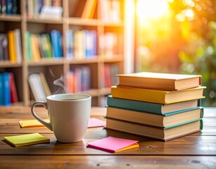 Fototapeta premium Cozy Textbook Stack with Coffee and Notes