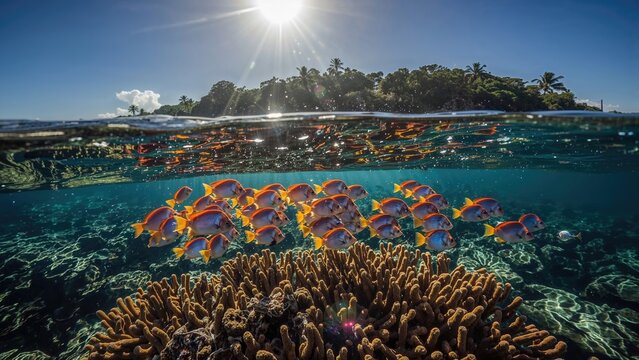 Vibrant anthias fish schooling above a coral reef in a warm ocean