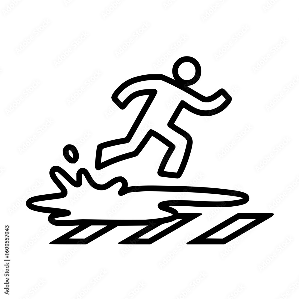 Poster simple line drawing of a stick figure running or jumping over a puddle of water with splashes around