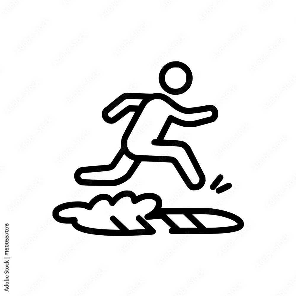 Poster a stick figure running across a puddle on a road with three square shapes in a black and white image