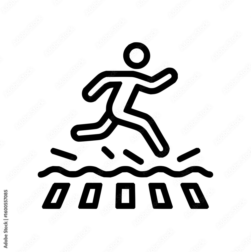 Poster stick figure running through a puddle with splashing water in a simple black and white line drawing 