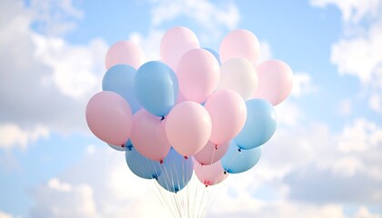 Pastel balloons cluster against a light sky