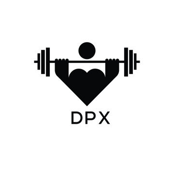 Minimalist DPX Logo with Dumbbell and Strong Arm Silhouette - Fitness Icon Design. DPX Letter Logo.

