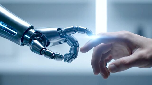 Robotic hand touching and turning crop cyborg on generated with ai