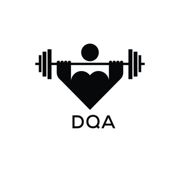 Minimalist DQA Logo with Dumbbell and Strong Arm Silhouette - Fitness Icon Design. DQA Letter Logo.
