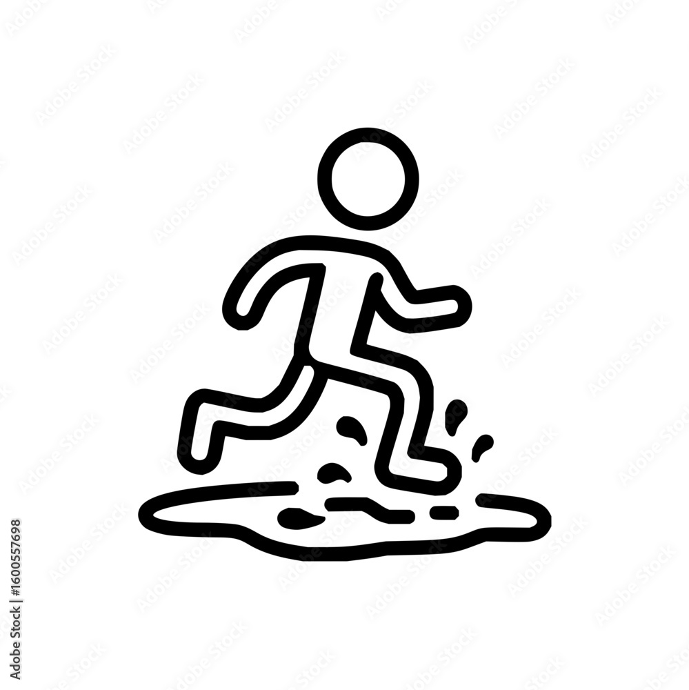 Poster a simple line drawing of a stick figure running or jumping over an obstacle on a white background ar