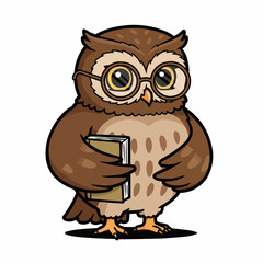 Cartoon owl wearing glasses holding a book, standing upright against a white background.