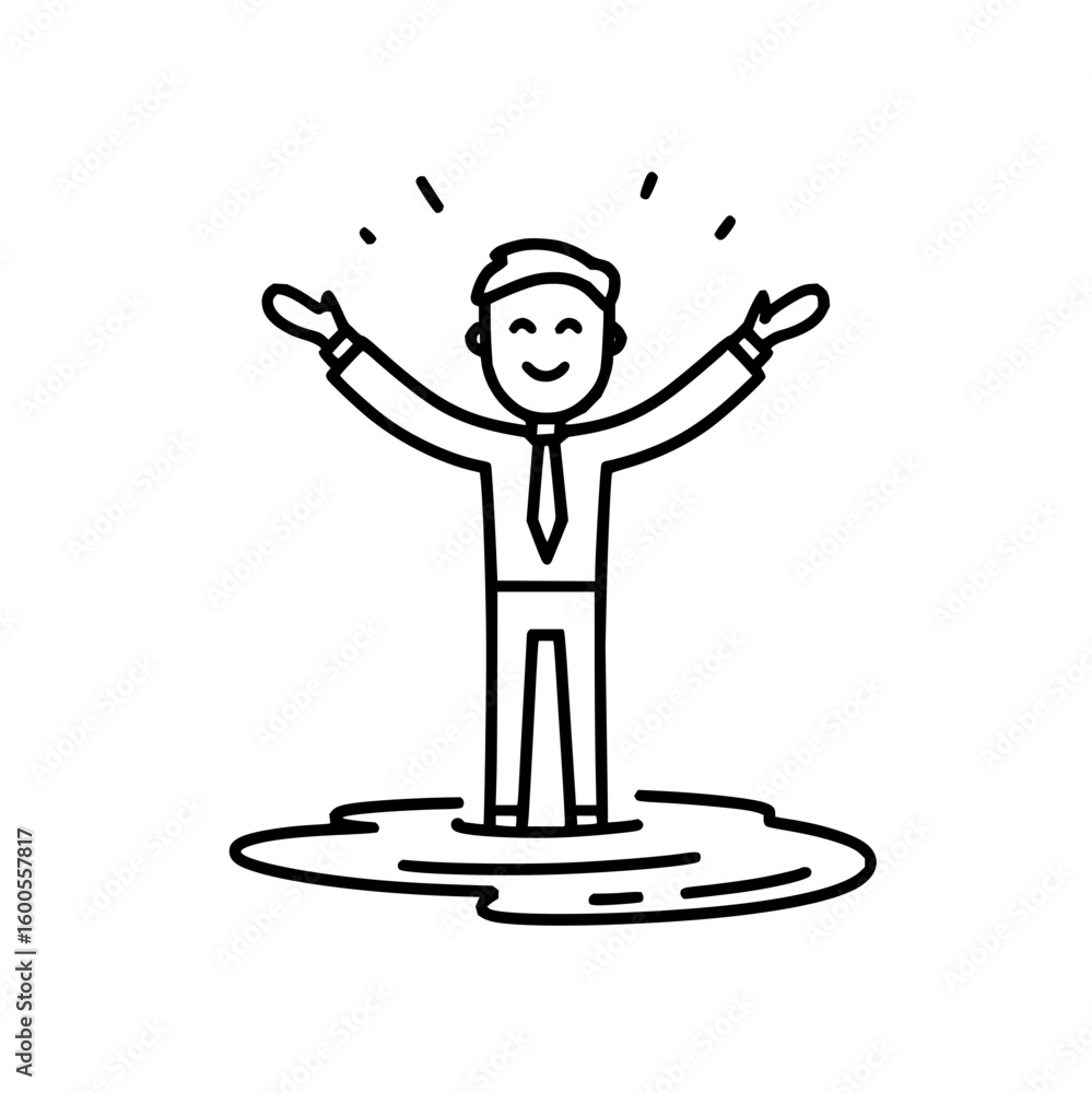 Aufkleber illustration of a stick figure running and splashing in a puddle of water with a simple black outlin
