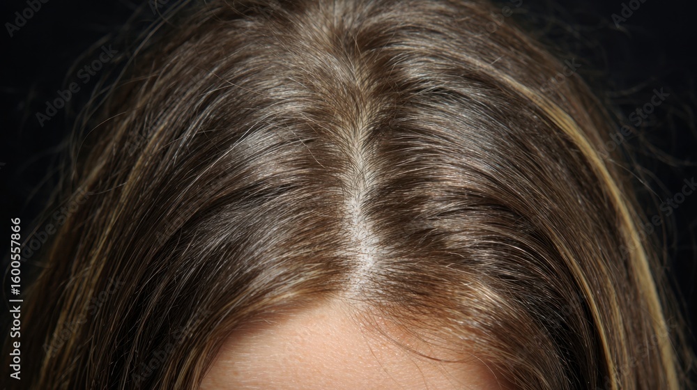 Poster slow pan over scalp sections with greasy texture yellow discoloration and persistent dandruff sympto