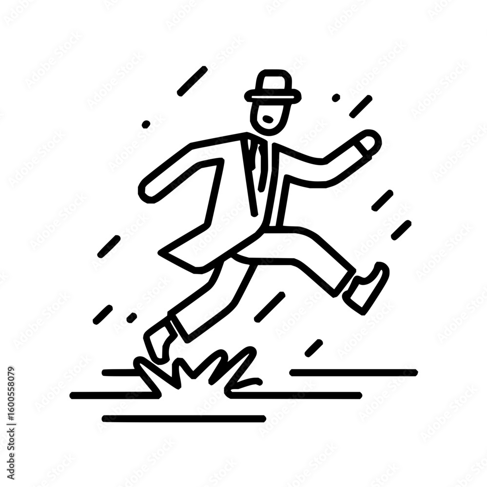 Poster a minimalist line drawing of a businessman running or walking quickly across a surface or puddle in 