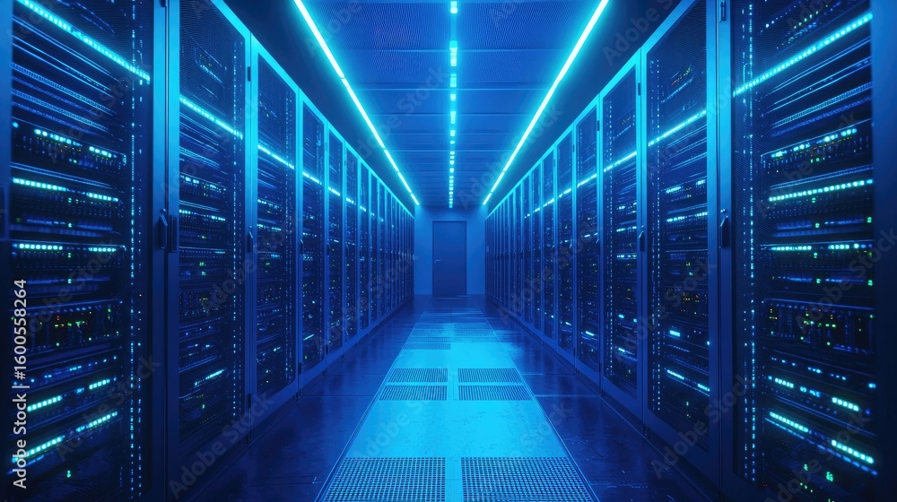 Poster modern server room with symmetrical blue lighting and glowing racks in a high-tech data center, perf