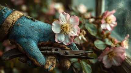 Gardener wearing gloves holds cut rose blossom and gardening shears near a window