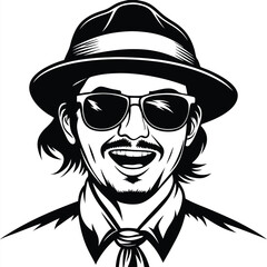 Smiling man wearing sunglasses and a hat appears joyful in black and white