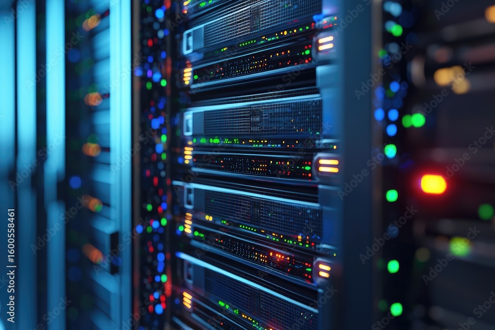 Poster colorful close-up of a server rack with multicolored led lights in a data center, suitable for illus