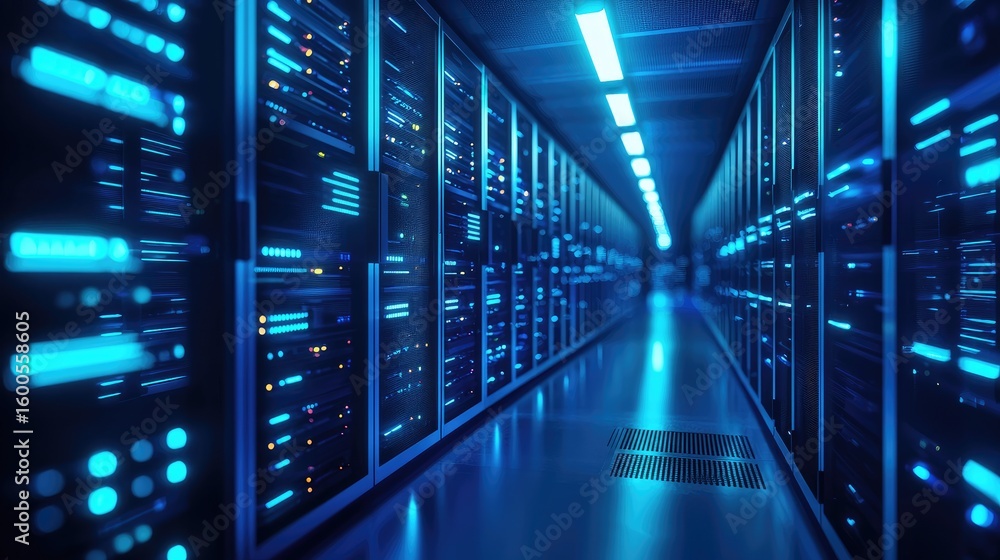 Poster futuristic blue server room with glowing led lights and symmetrical rows of data racks, ideal for te