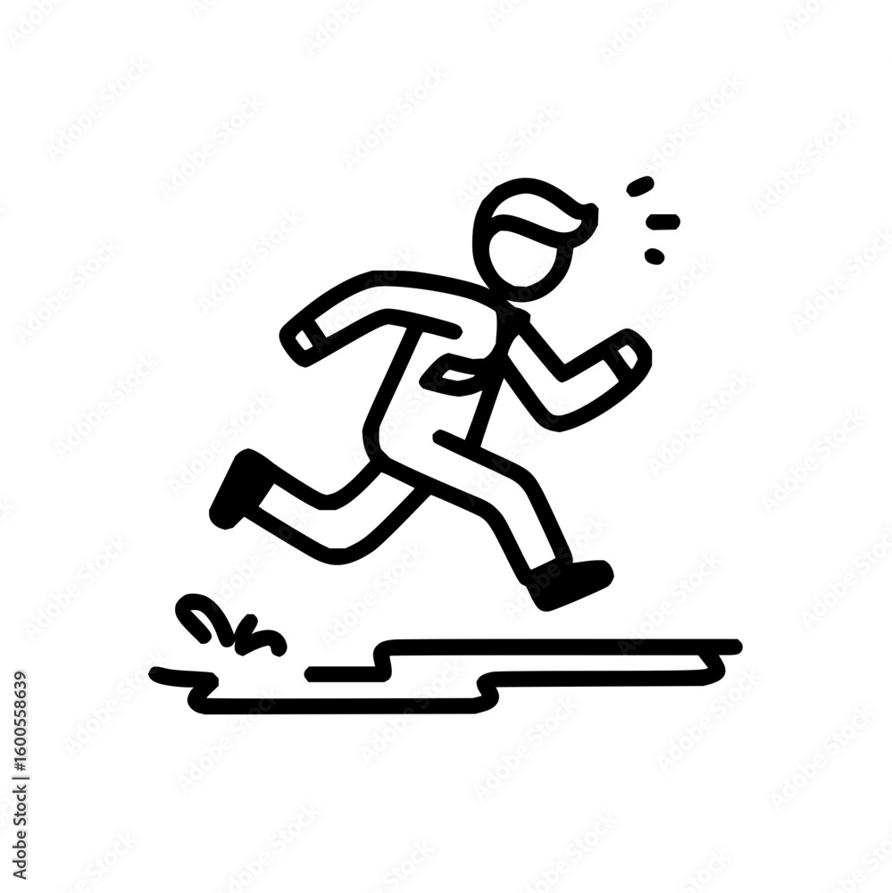 Poster a stick figure running with a briefcase jumping over a line in a minimalist black and white illustra