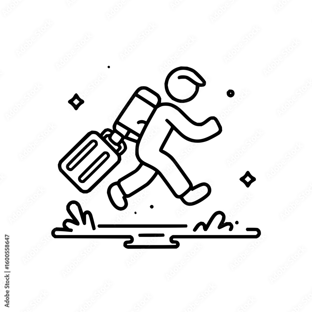 Poster a stick figure running with a briefcase jumps over a puddle in a black and white line drawing style 