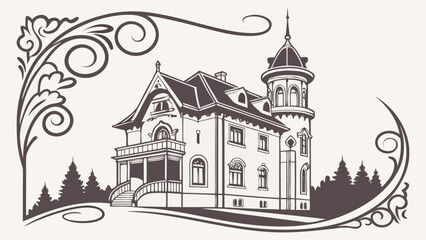 Obraz premium Illustration of a detailed house with a tower and decorative flourishes in a vintage style design