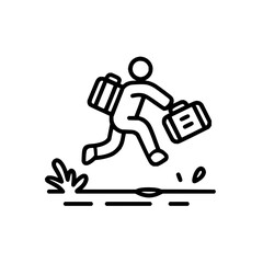 A cartoon stick figure running and jumping over a puddle of water with splashing water droplets around it