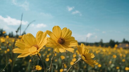 Zoomed-in image of numerous bright yellow blooms with a subtly blurred yellow wildflower landscape