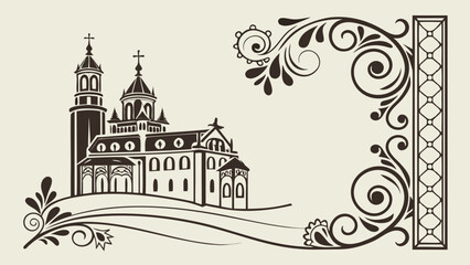 Naklejka premium Detailed illustration of a church building with ornate floral and geometric border elements design