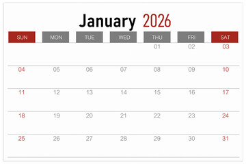 Calendar page for January 2026 year isolated on white background, Save clipping path.