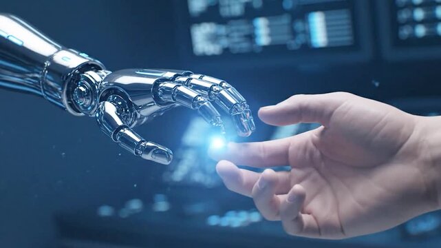 Robotic hand touching and turning crop cyborg on generated with ai