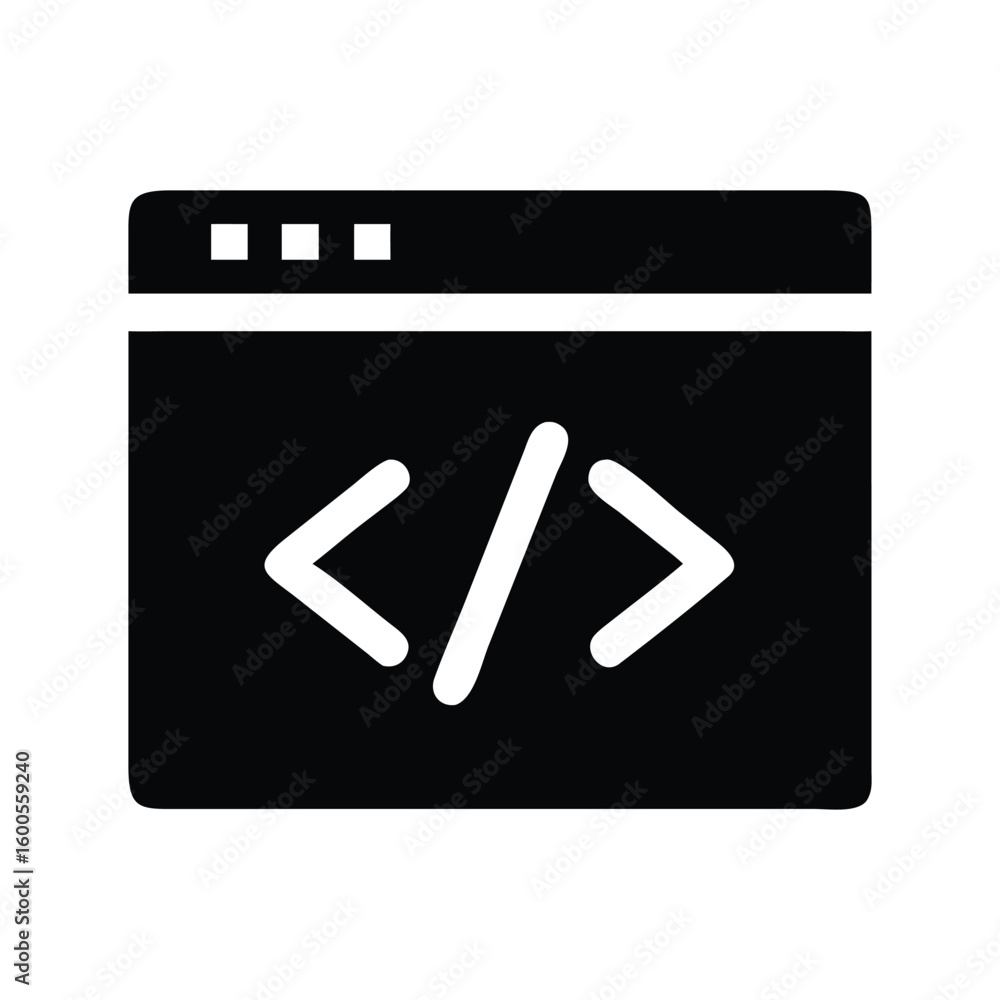 Poster coding icon displaying angle brackets in black and white vector art